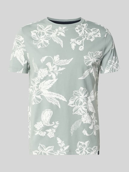 Produktfoto, T-Shirt mit Rundhalsausschnitt und Label-Detail von Lerros, Herren T-Shirt aus Reine Baumwolle, Gerader-Schnitt, Rückenlänge 70 cm bei Größe M, dezenter Grünton mit weißem floralen Muster