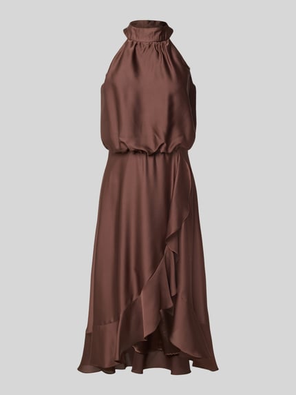 Produktfoto, Neckholder-Cocktailkleid mit Volants von Swing z satyny, linia a, sukienka midi, brązowy, falbany, długość tyłu 125 cm, szerokość w rozmiarze 36: 34 cm