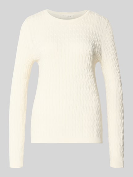 Produktfoto, Slim Fit Strickpullover mit Zopfmuster von Christian Berg Woman aus cremefarbenem Baumwoll-Mix, feine Rippenstruktur, Rundhalsausschnitt