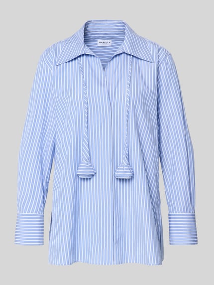 Produktfoto, Slim Fit Bluse mit Bindegürtel Modell 'STABARIN' von Marella, bawełna, krój slim fit, kołnierz koszulowy, pasek, długość tyłu w rozmiarze 36: 73 cm, długość rękawa w rozmiarze 36: 58 cm, niebiesko-białe paski, gładka faktura