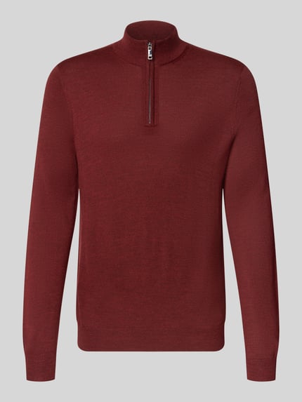 Produktfoto, Slim Fit Strickpullover aus Woll-Mix mit Troyer-Kragen von Christian Berg Men, mieszanka wełny, krój slim fit, kołnierz zapinany, elastyczne wykończenia, długość tyłu w rozmiarze M: 72 cm, długość rękawów w rozmiarze M: 69 cm