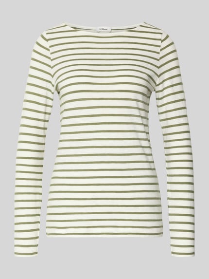Produktfoto, Regular Fit Langarmshirt aus reiner Baumwolle von s.Oliver RED LABEL, grün-weiß gestreift, weiche Textur, U-Boot-Ausschnitt