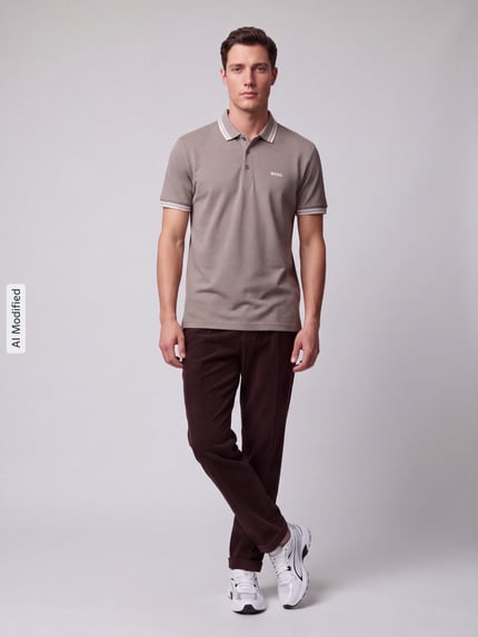 Männermodel trägt Regular Fit Polokragen aus reiner Baumwolle Modell 'PADDY' von BOSS Green, beige, weiße Details, Ganzkörperansicht von vorne, KI-modifiziertes Bild.