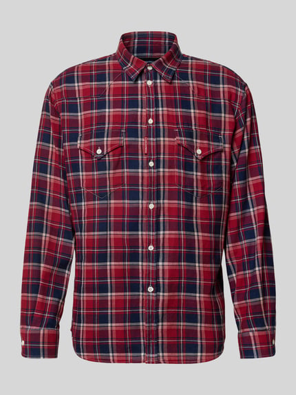 Productfoto, Slim Fit Freizeithemd aus reiner Baumwolle van Dsquared2, rood-blauw tartanmotief, borstzakken, puur katoen, met lange mouwen, Kentkraag, doorlopende knoopsluiting, labeldetail, maat 50 ruglengte 80 cm, schouderbreedte 45 cm, mouwlengte 67 cm.