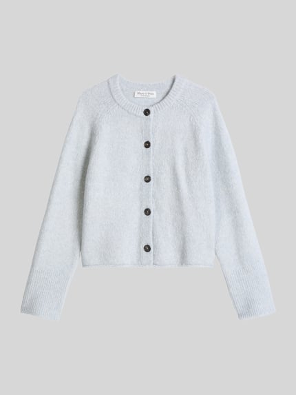 Produktfoto, Strickjacke aus Alpaka Wolle mit Rollsaum von Marc O'Polo im Melange-Look, strukturierte Oberfläche, cropped Länge, Raglanärmel, Rundhals, Baumwollmix, Alpaka-Wolle-Mix
