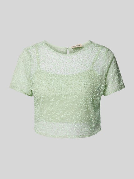 Lace & Beads T-shirt krótki z cekinowym obszyciem Jasnozielony 2
