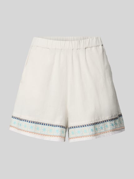 Produktfoto, Bermudas aus Leinen-Baumwoll-Mix mit Eingrifftaschen von Jake*s Casual, kolor ecru, szerokość w rozmiarze 36: 40 cm, długość wewnętrzna nogawki w rozmiarze 36: 13 cm, krój rozkloszowany, elastyczny pas, francuskie kieszenie, delikatna tekstura tkaniny, haftowane wzory na nogawkach