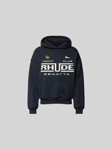 Produktfoto, Regular Fit Hoodie mit Logo-Print von RHUDE in Dunkelblau aus reiner Baumwolle mit Känguru-Tasche und elastischen Abschlüssen, Rückenlänge bei Größe M 65 cm