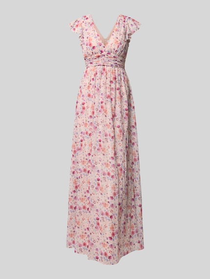 Produktfoto, Abendkleid aus Chiffon mit floralem Allover-Print von Jake*s Cocktail in Rosa, Taillierte Passform, V-Ausschnitt, Rüschen, feine Textur