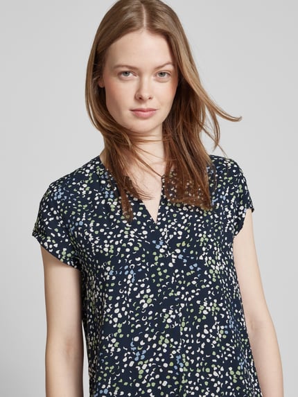 Tom Tailor Loose fit blouse met korte mouwen van pure viscose met all-over motief Donkerblauw - 3
