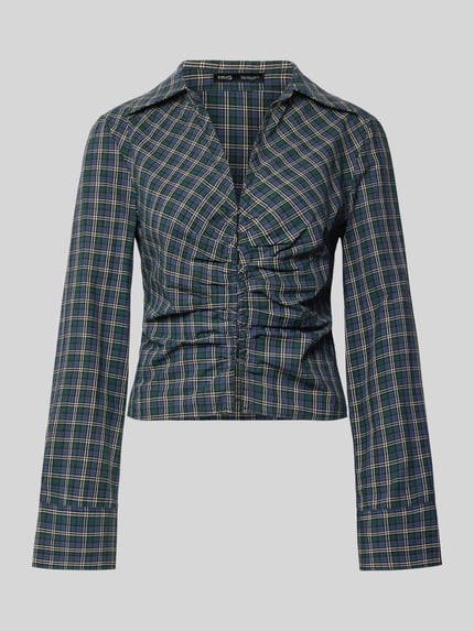 Produktfoto, Bluse mit Raffungen und Umlegekragen Modell 'GALEENO' von Mango, Karomuster in Blau-Grün, Reine Baumwolle, Taillierter Schnitt, Hakenverschluss, Rückenlänge 48 cm, Ärmellänge 61 cm
