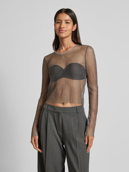 Jake*s Casual Kort shirt met lange mouwen en broderie anglaise Antraciet - 4