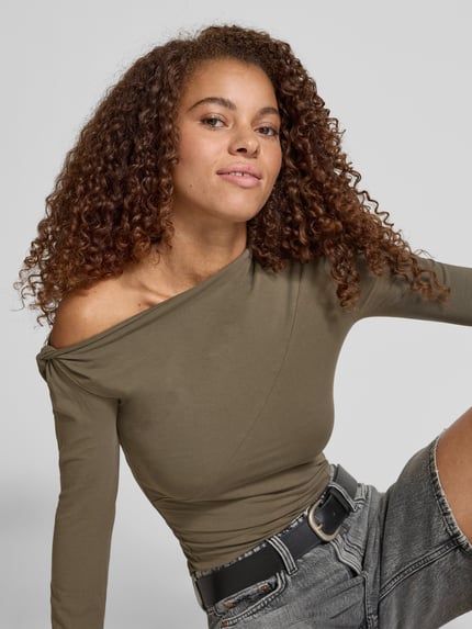 Weekday Shirt met lange mouwen en one shoulder-band, model 'Ira' Kaki - 3