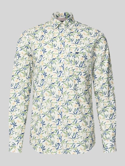 Productfoto, slim fit vrijetijdsoverhemd van puur katoen model 'Slub' met button-downkraag, borstzak, bloemen all-over print, langemouwen, knoopsluiting, ruglengte maat M 74 cm, schouderbreedte 44 cm, mouwlengte 66 cm van Fynch-Hatton