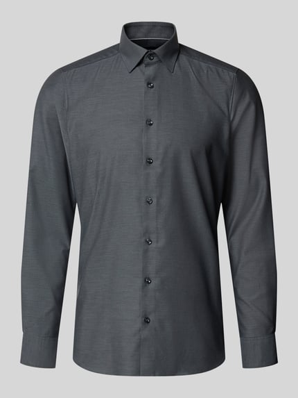 Produktfoto, Slim Fit Businesshemd mit Kentkragen von OLYMP, unifarben in Anthrazit, feines Webmuster, lange Ärmel, Knopfleiste, Webware