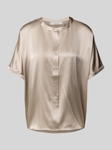 Produktfoto, Relaxed Fit Seidenbluse mit Rundhalsausschnitt van HERZENS, zijdemix, knoopsluiting, met korte mouwen, beige, glanzende textuur