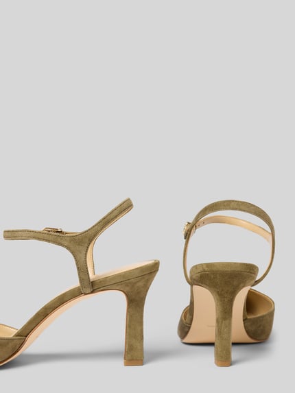 Produktfoto, Sandalette aus echtem Leder Modell 'AMARA' von MICHAEL Michael Kors in Olivgrün mit Pfennigabsatz, glatte Sohle, Schmaler Riemen