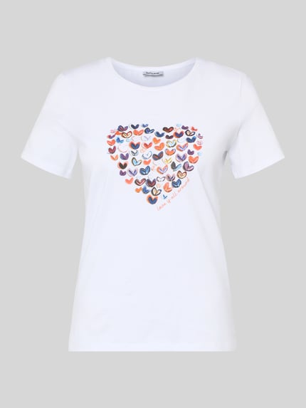 Produktfoto, T-Shirt mit Motiv-Print von More & More in Weiß, bunte Herzformen, Rundhalsausschnitt, Baumwoll-Elasthan-Mix, Regular Fit