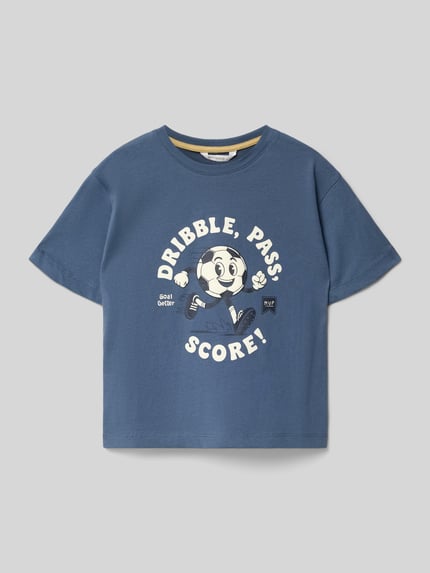 Produktfoto, T-Shirt aus reiner Baumwolle von Mango, kurzärmelig, gerader Schnitt, Rundhalsausschnitt, Kinderdesign, blaue Farbe