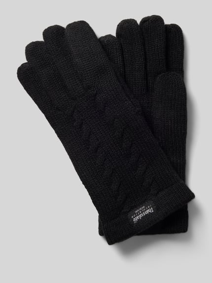 Produktfoto, schwarze Handschuhe aus reiner Wolle mit Label-Detail, gerippter Abschluss, Zopfmuster, Handschuhe aus reiner Wolle mit Label-Detail von EEM
