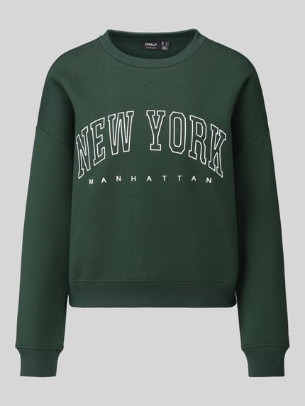 Produktfoto, dunkelgrünes Loose Fit Sweatshirt aus Baumwoll-Mix Modell 'SWEAT' von ONLY mit weißem NEW YORK Schriftzug, Damen Pullover von ONLY