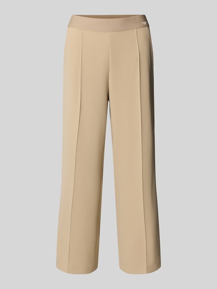 Productfoto, beige Straight Fit Stoffhose met siernaad model 'Cameron' van Cambio, elastische tailleband, achterzakken, verkorte pasvorm, logo-print