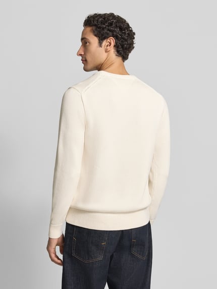 Männermodel trägt Regular Fit Pullover mit Motiv-Print von Tommy Hilfiger in cremefarben mit Strickoptik, Ganzkörperansicht Rückansicht.