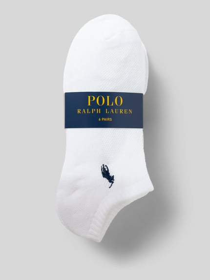 Produktfoto, Socken met stretch-aandeel in 6-pack van Polo Ralph Lauren, wit met ribboorden, logo, versterkte zones, gladde textuur.