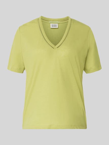 Produktfoto, Regular Fit T-shirt uit linnenmix met V-hals van Scotch & Soda, dames, gaatjesmotief, ruglengte bij maat S: 62 cm, lichtgroen.