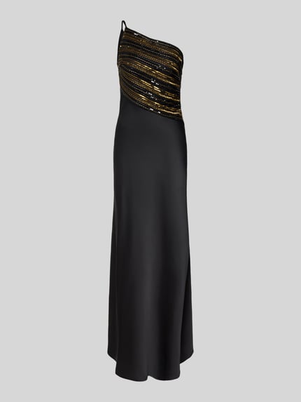 Produktfoto, Abendkleid mit Perlen und Pailletten im One-Shoulder-Look von Lauren Ralph Lauren, schwarzer Satin, A-Linie, Maxikleid