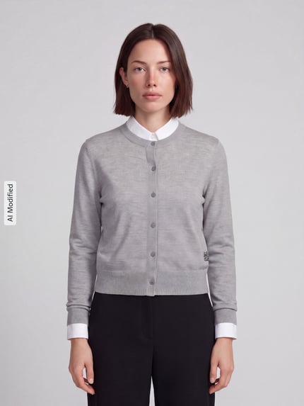 Modelka nosi szary kardigan rozpinany Regular Fit Strickjacke aus Woll-Mix mit Lyocell-Kaschmir-Anteil Modell 'Sfabro' od HUGO, kontekst: damski kardigan rozpinany od HUGO, całkowity widok z przodu, KI-modifiziertes Bild.