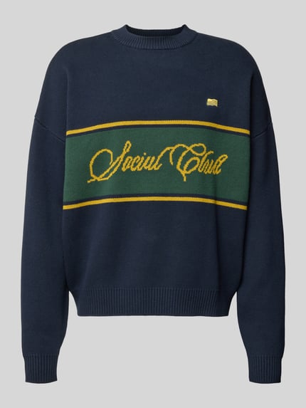 Productfoto, Strickpullover met ronde hals van PROHIBITED, katoen, relaxed fit, contraststrepen, donkerblauw met groen en geel.