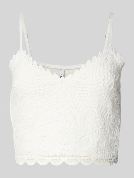 Produktfoto, Slim Fit Trägertop aus Viskose-Mix Modell 'HONEY' von Only in Weiß, unifarben, Spitzen-Optik, verstellbare Spaghettiträger, V-Ausschnitt, Cropped-Länge, Gummizug am Saum.