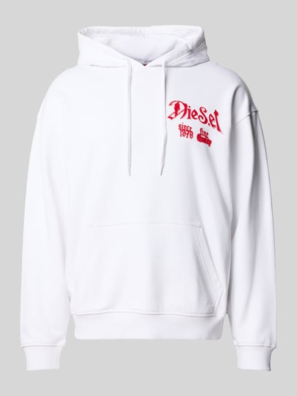 Produktfoto, Oversized Hoodie aus reiner Baumwolle von Diesel in Weiß mit rotem Label-Print, Känguru-Tasche, Kapuze mit Tunnelzug, Herrenmode
