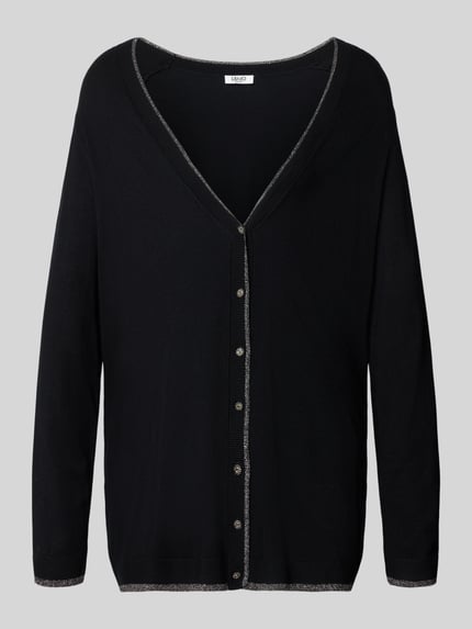 Produktfoto, Relaxed Fit Cardigan aus Viskose-Mix Modell 'Aperta' von Liu Jo White in Schwarz mit floralen Details, Strick-Optik, V-Ausschnitt, Knopfleiste