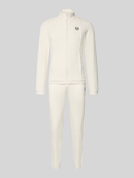 Produktfoto, Slim Fit Tracksuit mit Logo-Stitching Modell 'Egeo' von SERGIO TACCHINI, mieszanka bawełny, krój slim fit, stójka, zamek błyskawiczny, elastyczne wykończenia, szerokość w rozmiarze M: 42 cm, długość tyłu w rozmiarze M: 64 cm, szerokość ramion w rozmiarze M: 46 cm, długość rękawów w rozmiarze M: 67 cm, długość wewnętrzna nogawki w rozmiarze M: 73 cm, kremowy kolor, proste linie, gładka tekstura
