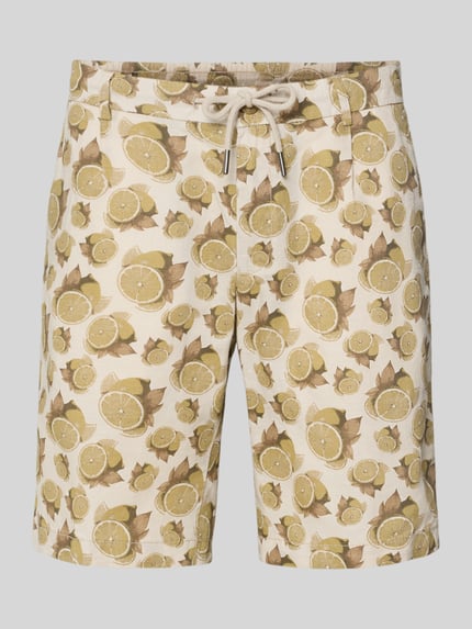 Produktfoto, Bermudas mit Kordelzug und Eingrifftaschen von bugatti im Zitronenmuster, Leinen-Baumwoll-Anteil, Straight, beige-gelb, Kontext: Herren Bermudas, Knopf-Reißverschluss, Gesäßleistentaschen, Bundweite 42 cm bei Größe 50, Innenbeinlänge 26 cm