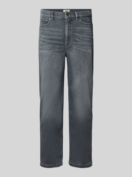 Produktfoto, Straight Fit Jeans aus Baumwoll-Mix Modell 'Flown' von DRYKORN, 5-Pocket-Design, elastisches Material, mittleres Grau, glatte Struktur, sichtbare Nähte, Kontext: Damen Jeans, Knopf- und Reißverschluss, Bundweite 40 cm, Innenbeinlänge 70 cm.