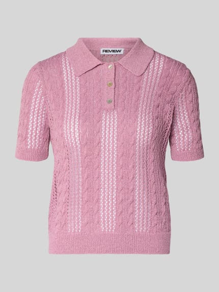 Produktfoto, Slim Fit Poloshirt in Strick-Optik Modell 'Ajour' van Review, roze met ajourpatroon, korte mouwen, polokraag, damesshirt