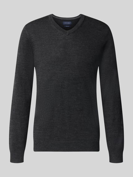 Produktfoto, Strickpullover aus Woll-Mix mit V-Ausschnitt von Christian Berg Men, Regular Fit, dunkelgrau, gerippte Abschlüsse, glatte Textur