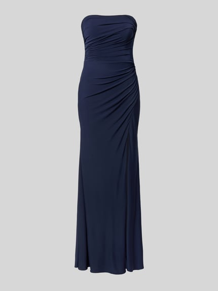 Produktfoto, Slim Fit Abendkleid in Maxilänge mit Gehschlitz von Hey Kyla, dunkelblau, elastischer Stoff, schulterfrei, seitliche Raffungen, glatte Textur