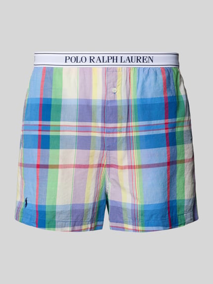 Produktfoto, Regular Fit Pyjama Shorts aus reiner Baumwolle von Polo Ralph Lauren mit Optik:Allover-Muster, kariert, Logo-Stitching, elastischer Label-Bund, seitliche Eingrifftaschen, Material: reine Baumwolle, bunte Farben, glatte Textur.