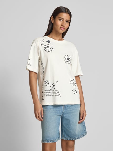 Jake*s Casual T-Shirt mit geripptem Rundhalsausschnitt Offwhite 4