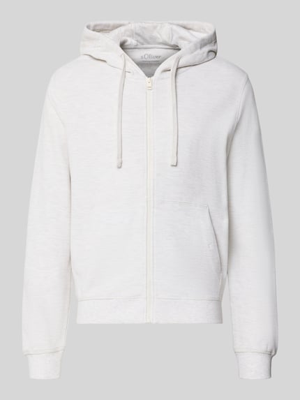 Produktfoto, naturweiße Relaxed Fit Sweatjacke aus reiner Baumwolle von s.Oliver RED LABEL mit Kapuze, Reißverschluss, melierte Struktur.
