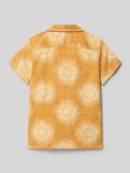 Produktfoto, Freizeithemd im Allover-Look Modell 'BILBAO' von Jack & Jones, Kinder, reine Baumwolle, gelb mit weißem Sonnenmuster, Regular-Fit, Reverskragen, Rückenlänge 55 cm, Schulterbreite 36 cm, Ärmellänge 16 cm