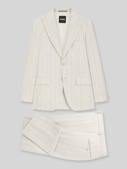 Produktfoto, Slim Fit Anzug aus Baumwoll-Woll-Mix Modell 'H-HUGE-2PCS-261' von BOSS, efekt: wzór w paski, kremowy, kanty, marynarka na 2 guziki, materiał garnituru: mieszanka bawełny i wełny