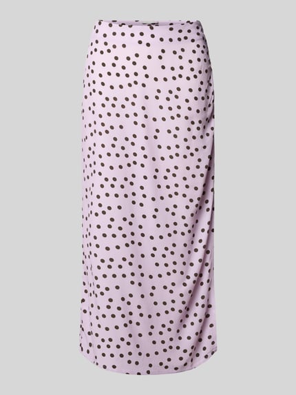 Produktfoto, Midirock im Allover-Look Modell 'Fleur' von LeGer by Lena Gercke aus Reiner Viskose mit Geradem-Schnitt, violett mit braunem Allover-Punktmuster, sichtbarer Reißverschluss, Bundweite 40 cm, Gesamtlänge 78 cm für Damen.