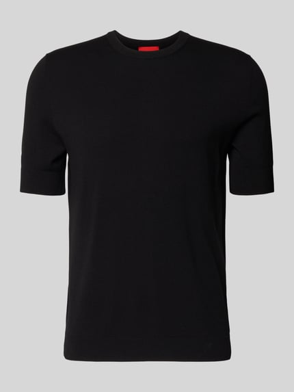 Produktfoto, Slim Fit T-Shirt aus Strick von HUGO in Schwarz, Strickoptik, kurzarm, Rundhals, Label Stitching, schlichte Struktur