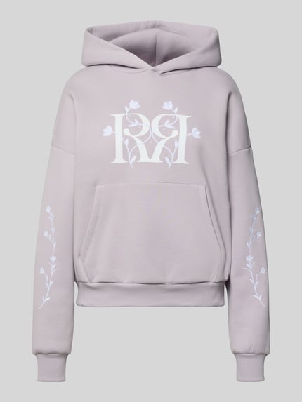 Produktfoto, Relaxed Fit Hoodie mit Logo-Print von Review in Flieder mit floralem Stitching, Känguru-Tasche, elastische Abschlüsse