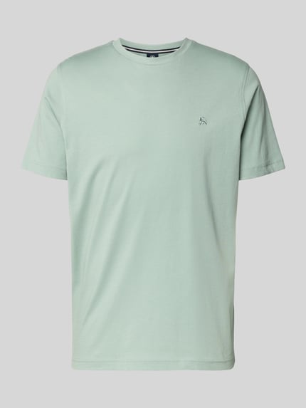 Produktfoto, T-Shirt mit Rundhalsausschnitt und Logo-Stitching von Lerros in Hellgrün, Regular-Fit aus Reine Baumwolle, Rückenlänge 77 cm bei Größe M.
